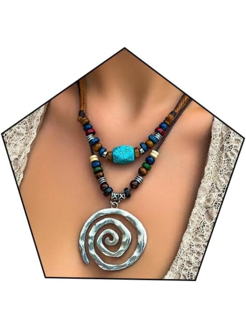 Boho Leather Cord Beaded Pendant Necklace - Adjustable Multilayer Choker Jewelry
